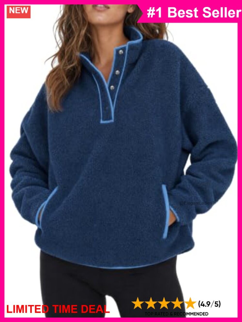 Fuzzy Fleece Pullover Sweater Oversized V-Neck Button Long Sleeve